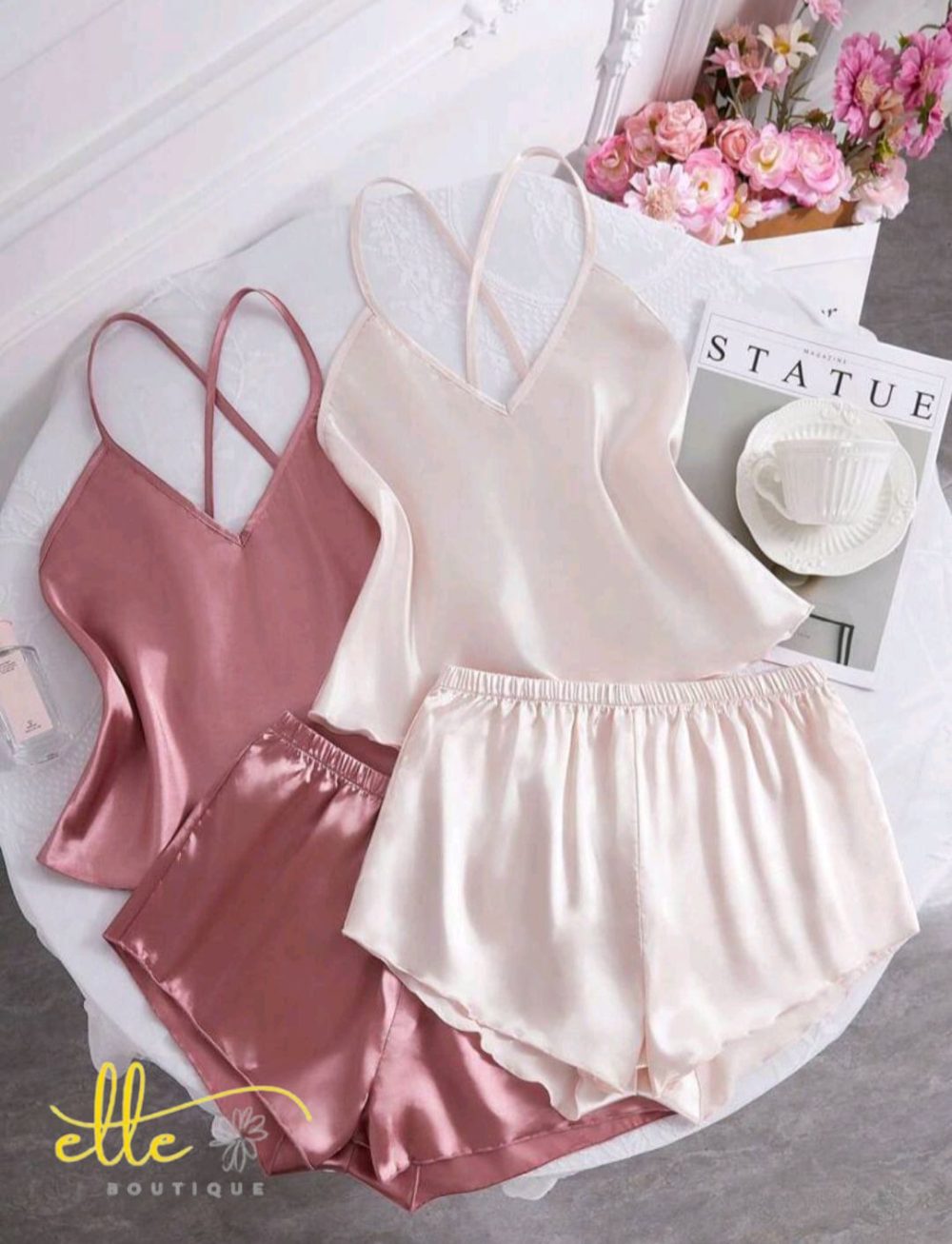 SHEIN Solid Color Silk-Like Camisole And Shorts Pajama Set With Large Open Back Design - Image 3