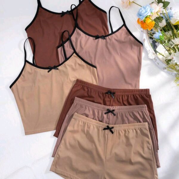 SHEIN Contrast Binding Cami Top & Bow Front Shorts Lounge Set