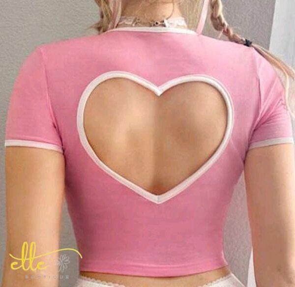 SHEIN Sweetina Women Pink Heart Cut-Out Back Short Sleeve T-Shirt