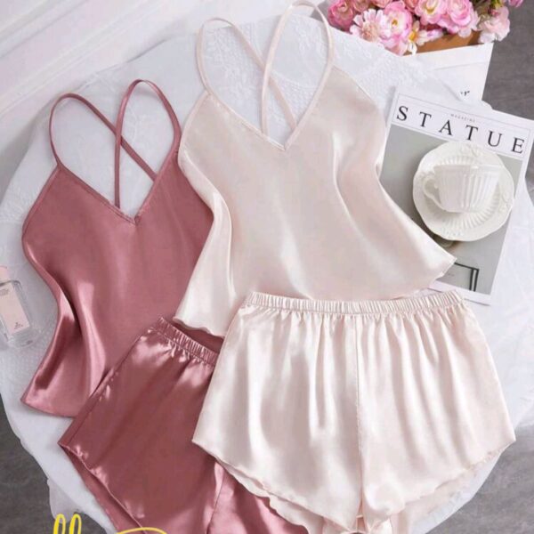 SHEIN Solid Color Silk-Like Camisole And Shorts Pajama Set With Large Open Back Design