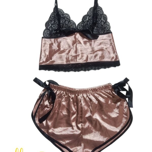 SHEIN SilkySpell Contrast Lace Bow Front Satin Cami Top & Tie Side Shorts PJ Set / Pajama Set