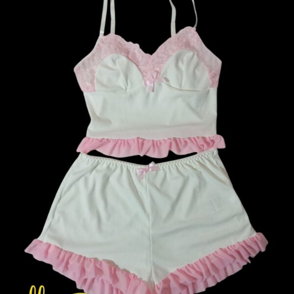 SHEIN SweetSlumber Pink Lace Patchwork Knitted 2 Piece Women's Pajama Set White Set