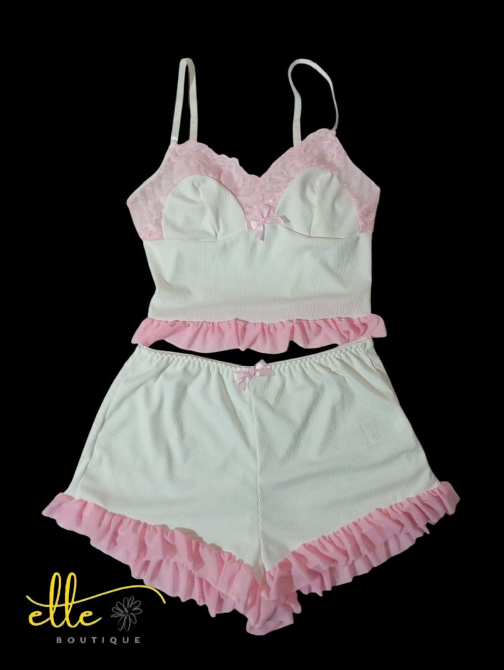 SHEIN SweetSlumber Pink Lace Patchwork Knitted 2 Piece Women's Pajama Set White Set - Image 4