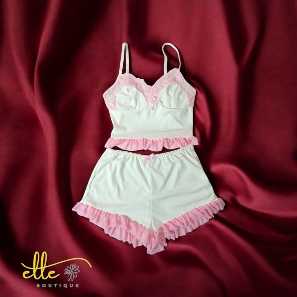 SHEIN SweetSlumber Pink Lace Patchwork Knitted 2 Piece Women's Pajama Set White Set - Image 7