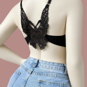 Ribbed Bralette with Sheer Lace Butterfly Back | Plunge V-Neck Design
