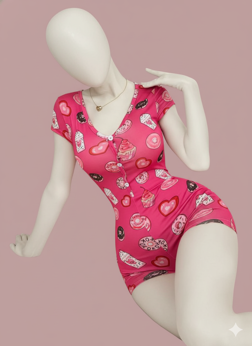 A playful and comfortable short-sleeved romper/playsuit. This snug-fitting piece features a fun, all-over dessert print, a flattering V-neck, and a functional button-front closure, perfect for cozy lounging or sleep.