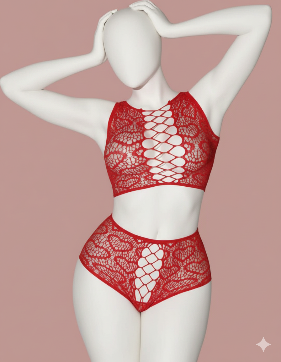 Sheer Mesh Lace-Up Two-Piece Lingerie Set | High Waist Teddy Shorts