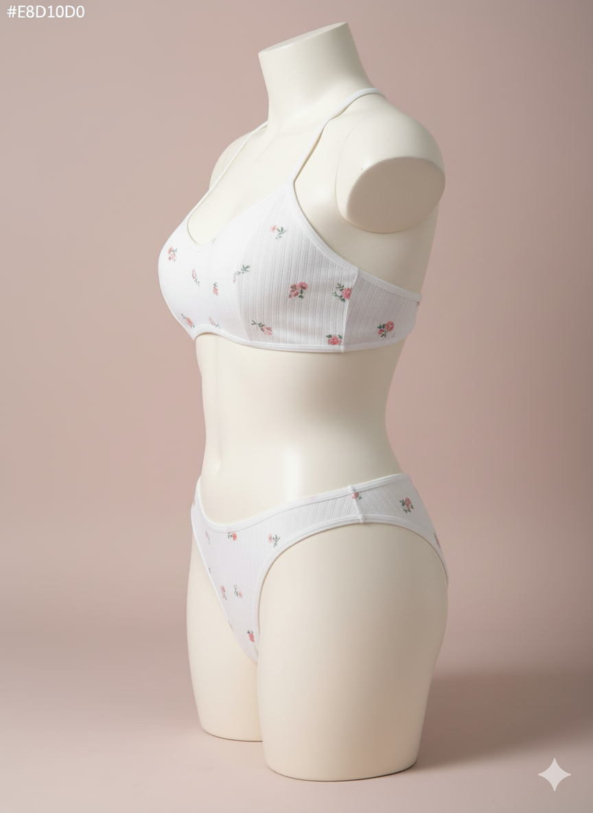 A charming and cozy two-piece set crafted from a comfortable ribbed knit fabric. It features a delicate all-over floral print, a wide underband bralette with crisscross back straps, and a matching thong panty for soft, everyday comfort.