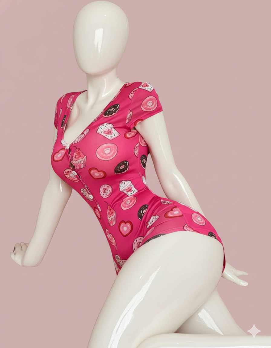 A playful and comfortable short-sleeved romper/playsuit. This snug-fitting piece features a fun, all-over dessert print, a flattering V-neck, and a functional button-front closure, perfect for cozy lounging or sleep.