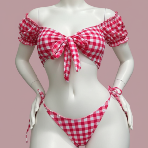 An adorable two-piece bikini set with a charming checked print. The set includes a retro-inspired crop top with ruffled puff sleeves and an adjustable tie-front, paired with high-leg, tie-side cheeky bottoms.