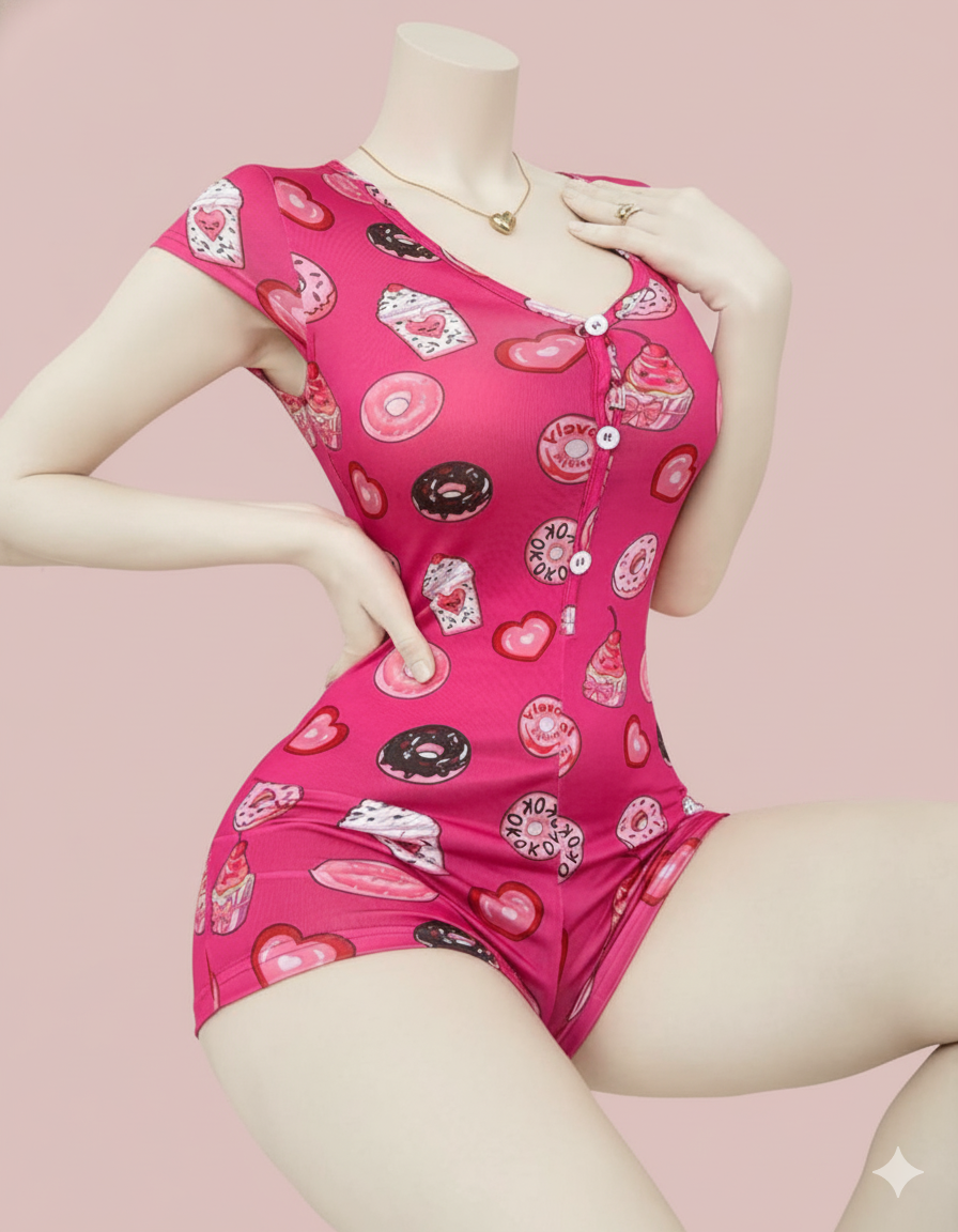 Fun Printed Short Sleeve Romper | Button-Front Snug Fit Sleepwear - Image 5