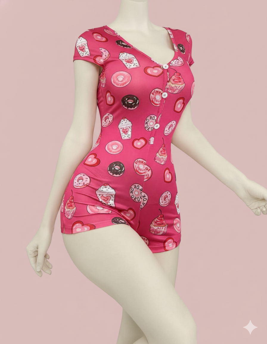 A playful and comfortable short-sleeved romper/playsuit. This snug-fitting piece features a fun, all-over dessert print, a flattering V-neck, and a functional button-front closure, perfect for cozy lounging or sleep.