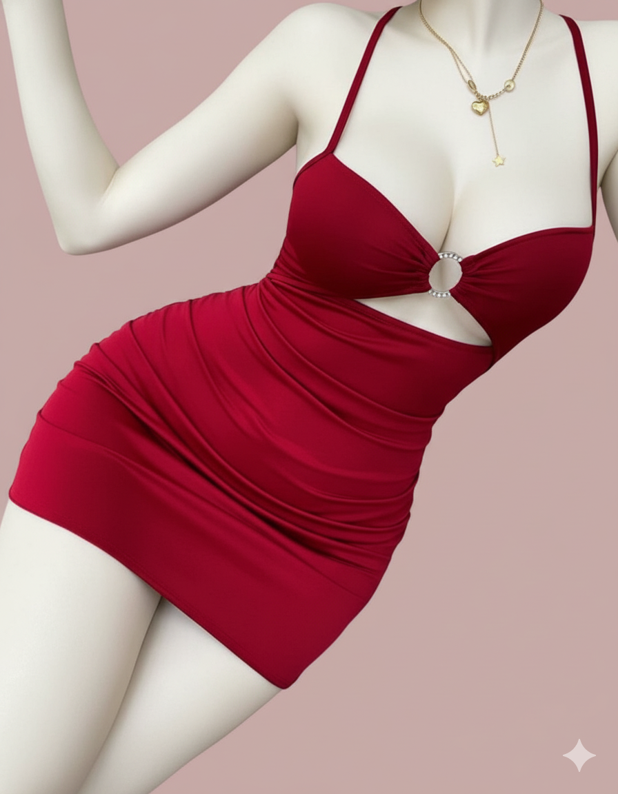 Ruched Bodycon Mini Dress with Cutout and Diamante Ring Detail - Image 2