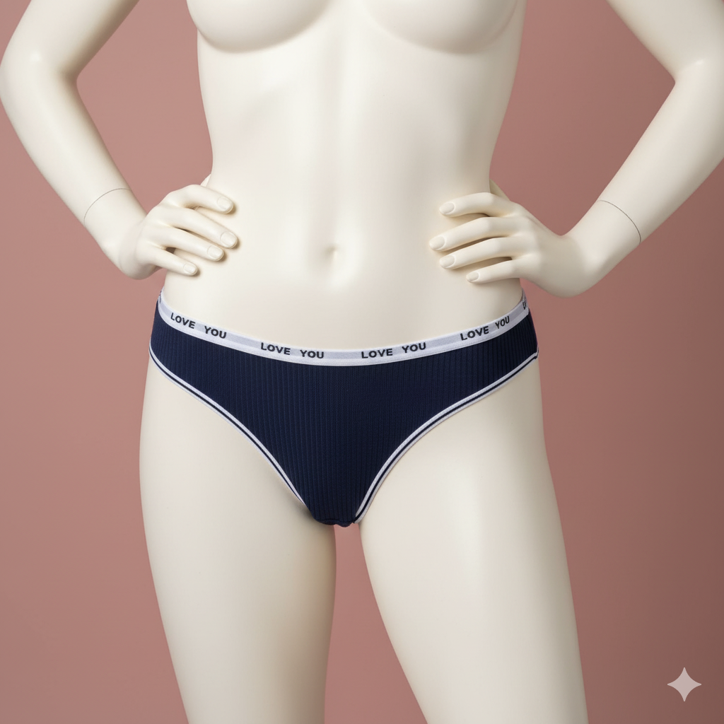 A comfortable and sporty thong panty crafted from soft ribbed knit fabric. Features an exposed elastic waistband with repetitive text (or logo) detailing, blending athletic style with feminine comfort.