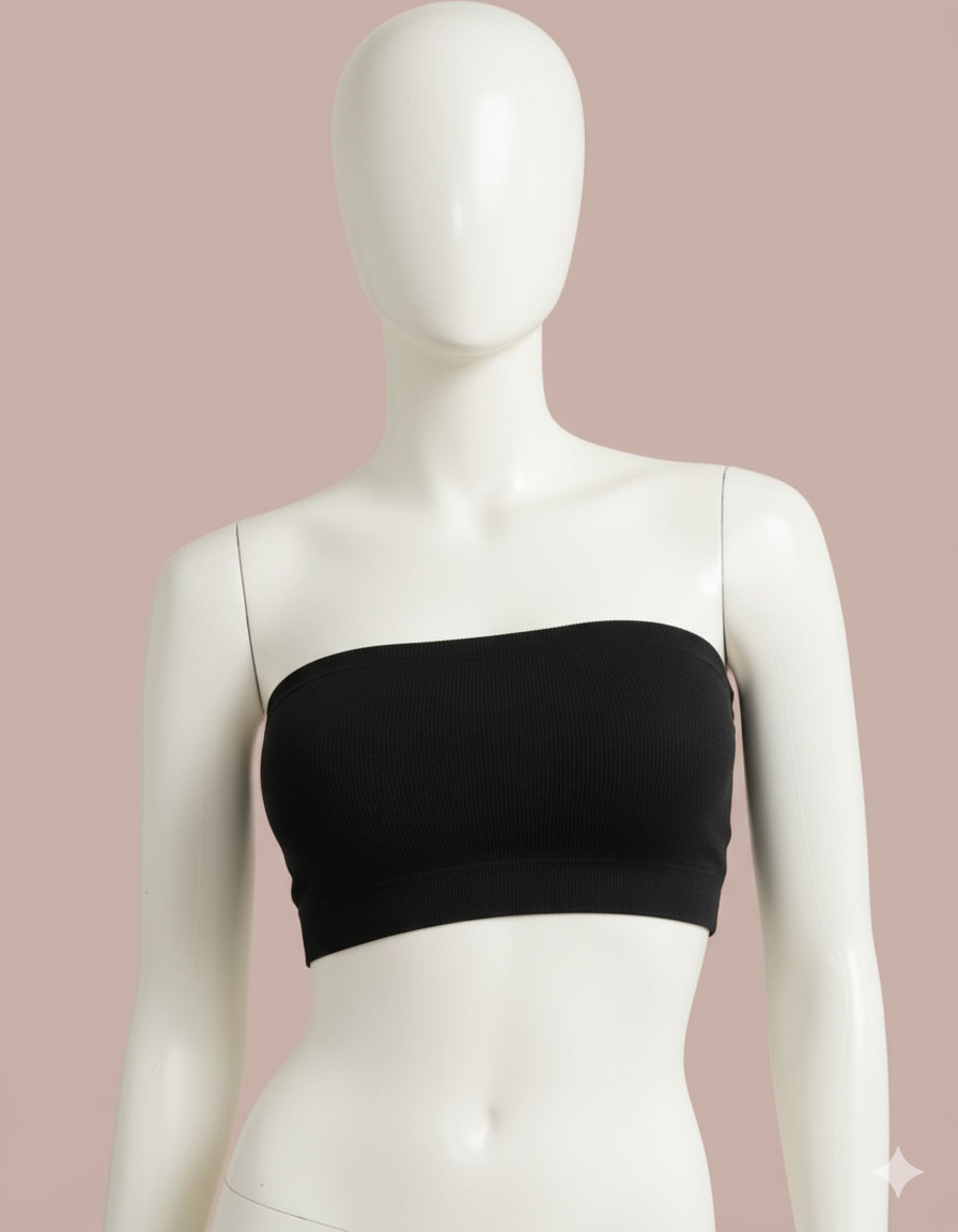 A versatile strapless bandeau bra top designed for smooth, invisible support. Features a comfortable seamless construction and an eye-catching multi-strap detail across the back, perfect for open-back outfits.