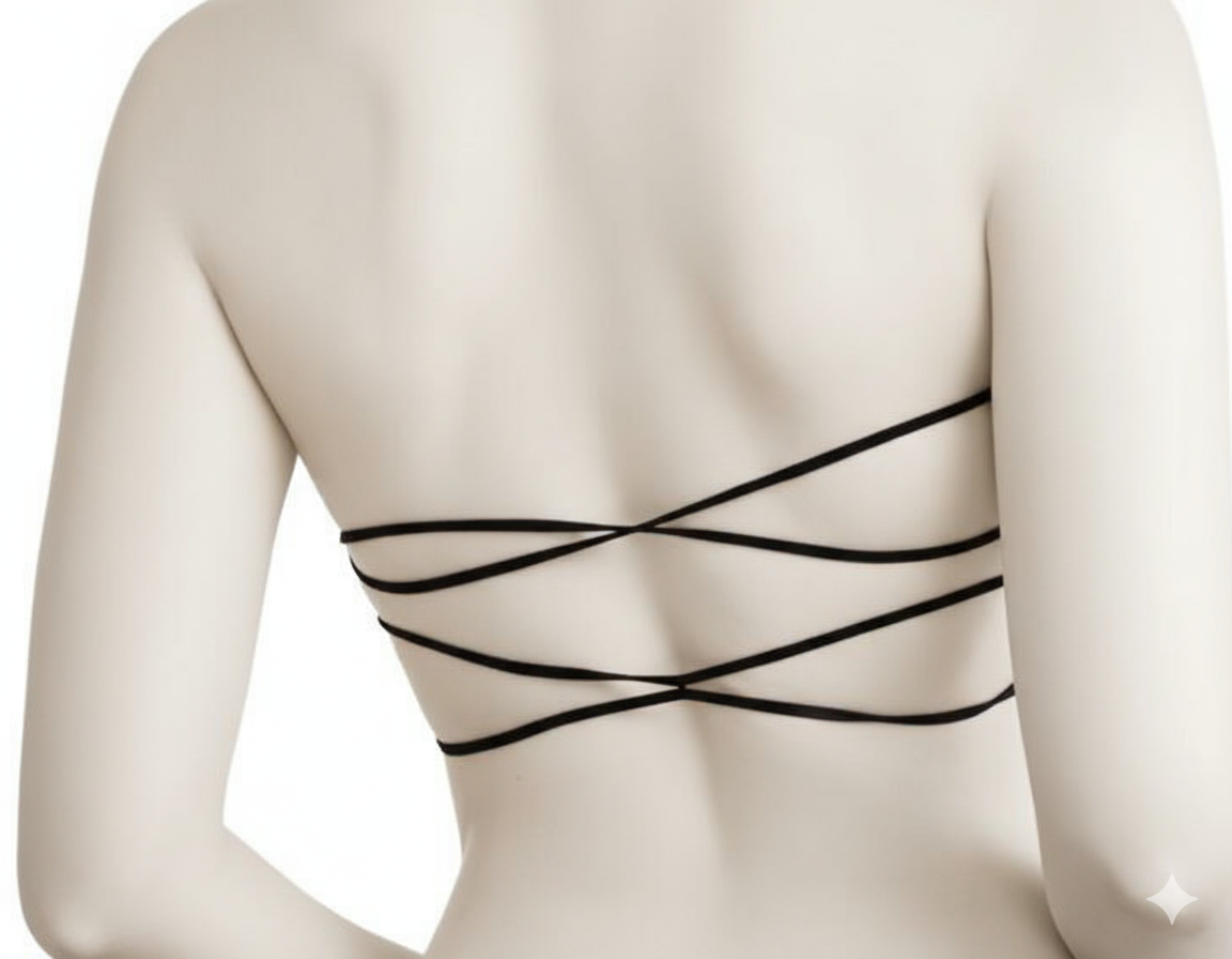 A versatile strapless bandeau bra top designed for smooth, invisible support. Features a comfortable seamless construction and an eye-catching multi-strap detail across the back, perfect for open-back outfits.