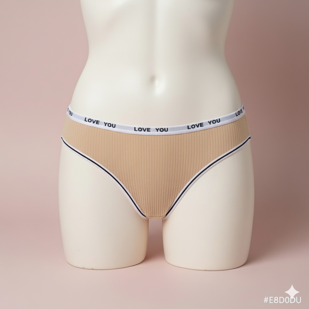 A comfortable and sporty thong panty crafted from soft ribbed knit fabric. Features an exposed elastic waistband with repetitive text (or logo) detailing, blending athletic style with feminine comfort.