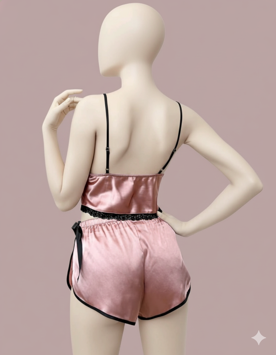 A simple yet stylish two-piece loungewear set for ultimate comfort. Features a cropped cami top with thin straps and matching pull-on shorts, both accented with a subtle bow and delicate contrast trimming.
