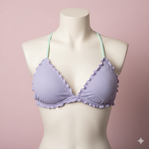 A charming and feminine triangle bralette designed for light support. Features a delicate ruffled lettuce trim, a comfortable ribbed or patterned fabric, and appealing thin straps that crisscross at the back.