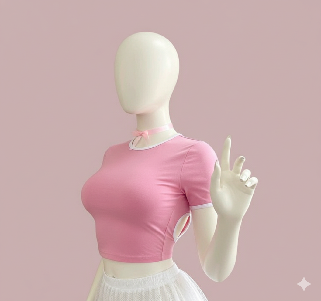 A playful and modern crop top with short sleeves. This fitted t-shirt features a bold heart-shaped cutout on the back and is detailed with contrast trim on the collar and sleeves for a sweet, edgy look.