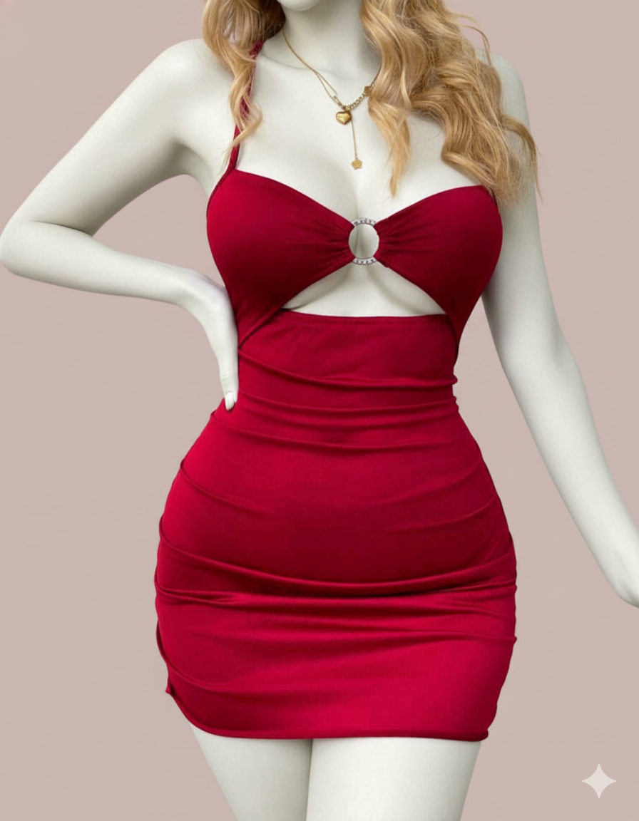 Ruched Bodycon Mini Dress with Cutout and Diamante Ring Detail - Image 3