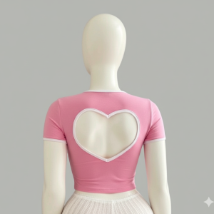 A playful and modern crop top with short sleeves. This fitted t-shirt features a bold heart-shaped cutout on the back and is detailed with contrast trim on the collar and sleeves for a sweet, edgy look.