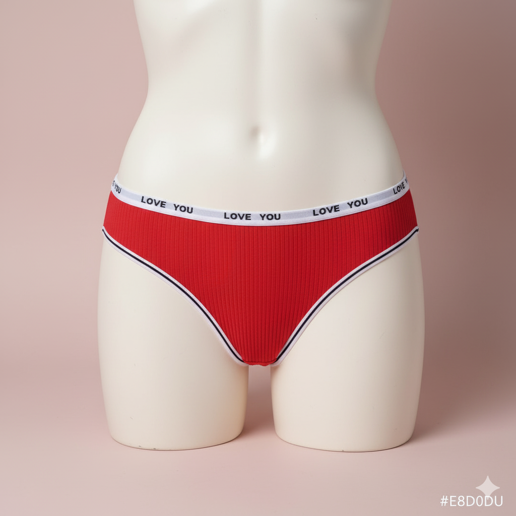 A comfortable and sporty thong panty crafted from soft ribbed knit fabric. Features an exposed elastic waistband with repetitive text (or logo) detailing, blending athletic style with feminine comfort.