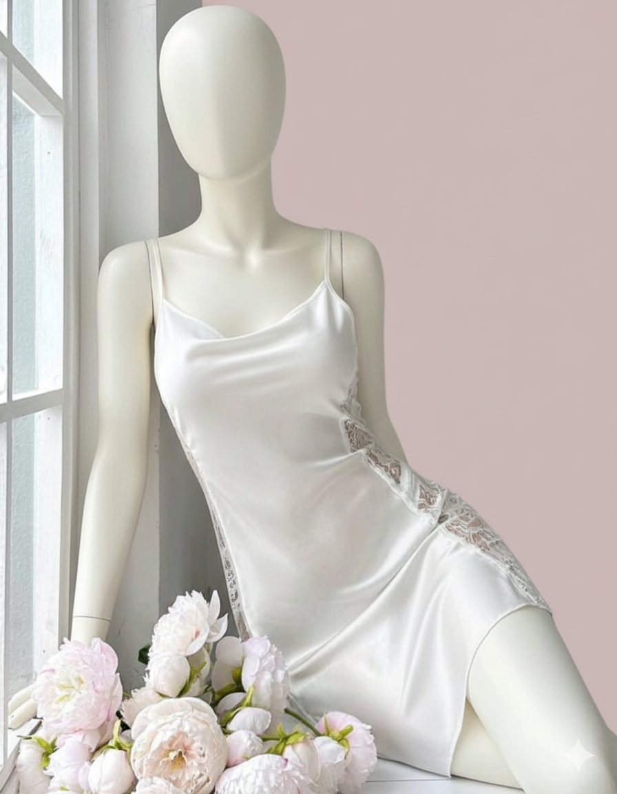 Silky Slip Dress Chemise with Sheer Lace Insets | Luxurious Nightwear