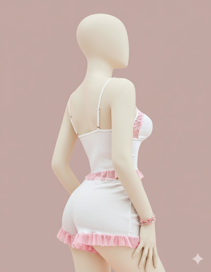 Cute Ruffled Hem Sleep Set | Two-Piece Cami Top and Shorts Pajama - Image 3