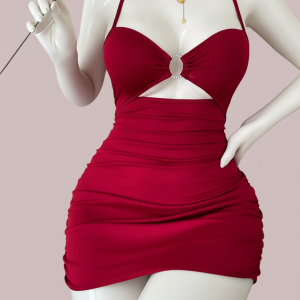 Ruched Bodycon Mini Dress with Cutout and Diamante Ring Detail