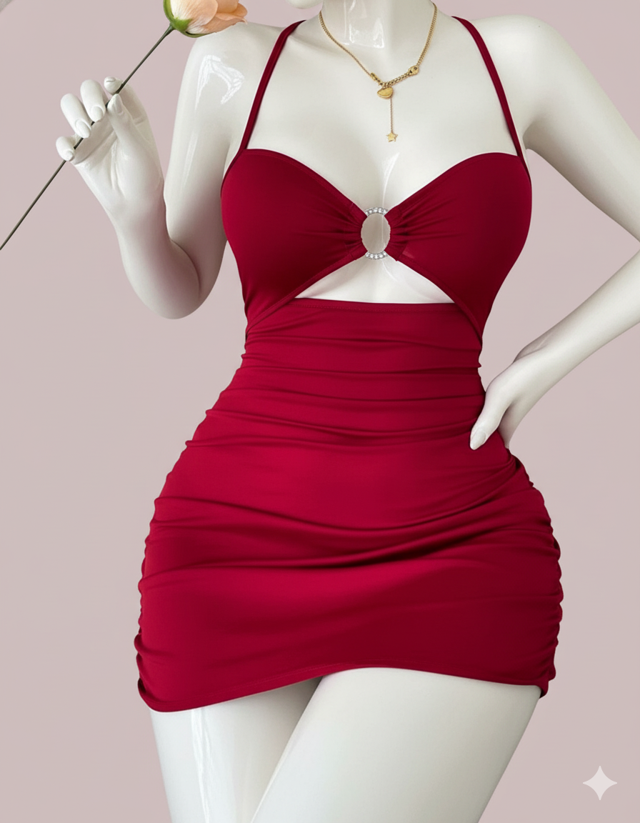 Ruched Bodycon Mini Dress with Cutout and Diamante Ring Detail