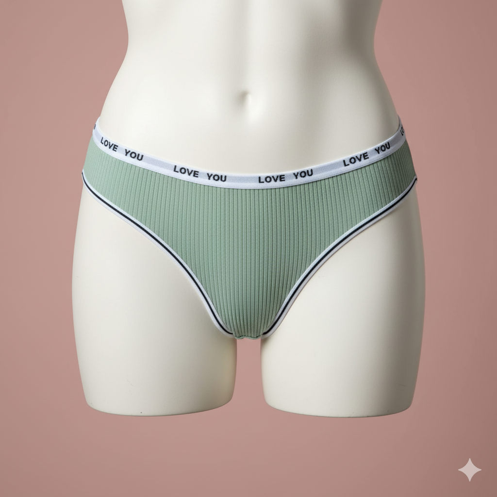 A comfortable and sporty thong panty crafted from soft ribbed knit fabric. Features an exposed elastic waistband with repetitive text (or logo) detailing, blending athletic style with feminine comfort.