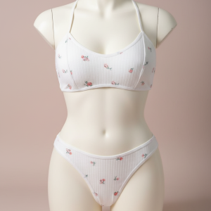 Delicate Floral Print Ribbed Bralette and Thong Set | Cozy Intimates