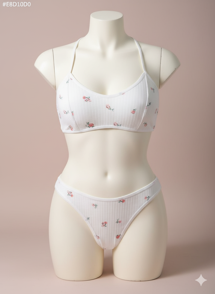 Delicate Floral Print Ribbed Bralette and Thong Set | Cozy Intimates