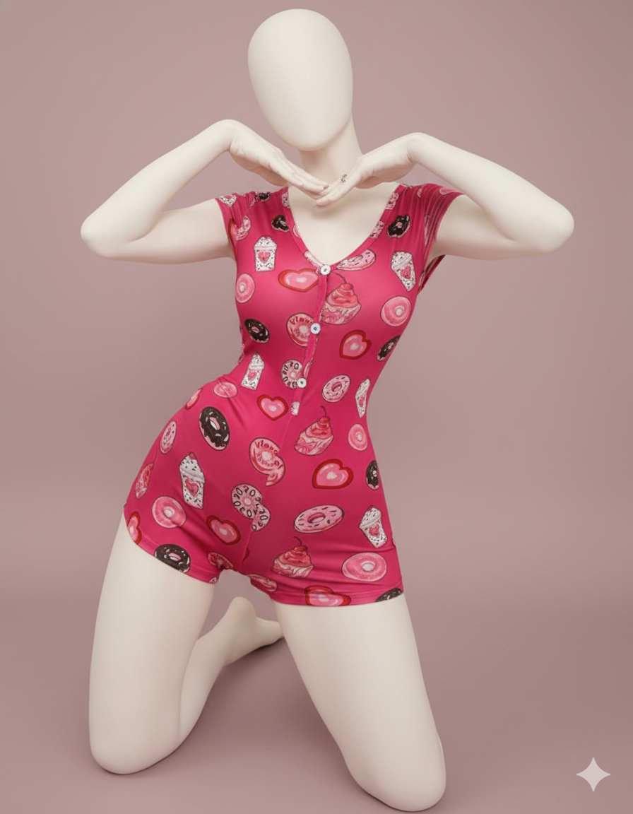 A playful and comfortable short-sleeved romper/playsuit. This snug-fitting piece features a fun, all-over dessert print, a flattering V-neck, and a functional button-front closure, perfect for cozy lounging or sleep.