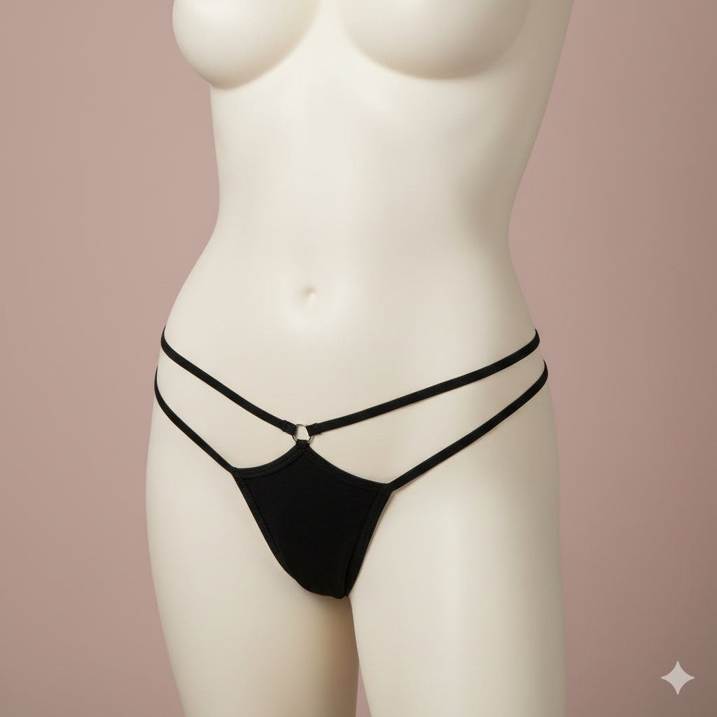 An extremely minimal and alluring G-string panty. Features a smooth front panel, double elasticized side straps, and a decorative metallic O-ring detail where the straps connect, perfect for a provocative, barely-there look.