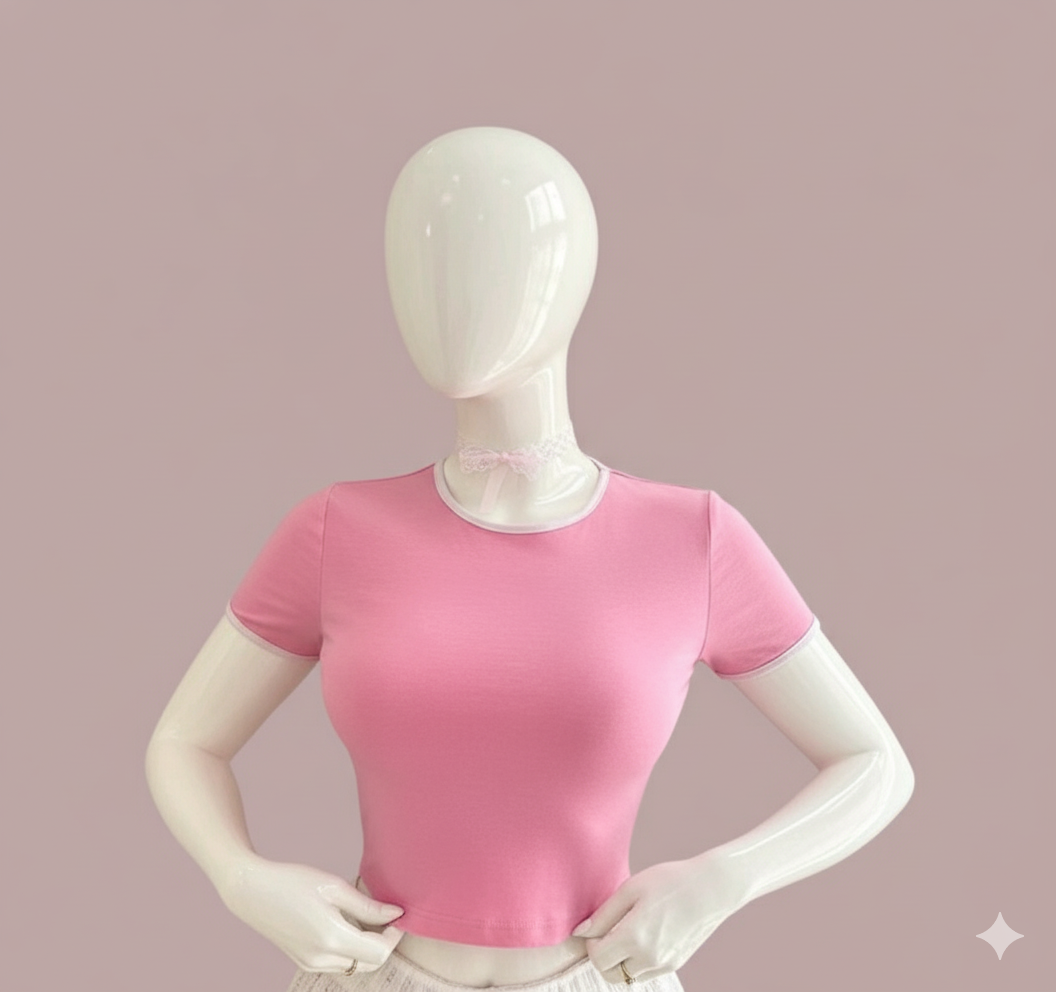 A playful and modern crop top with short sleeves. This fitted t-shirt features a bold heart-shaped cutout on the back and is detailed with contrast trim on the collar and sleeves for a sweet, edgy look.