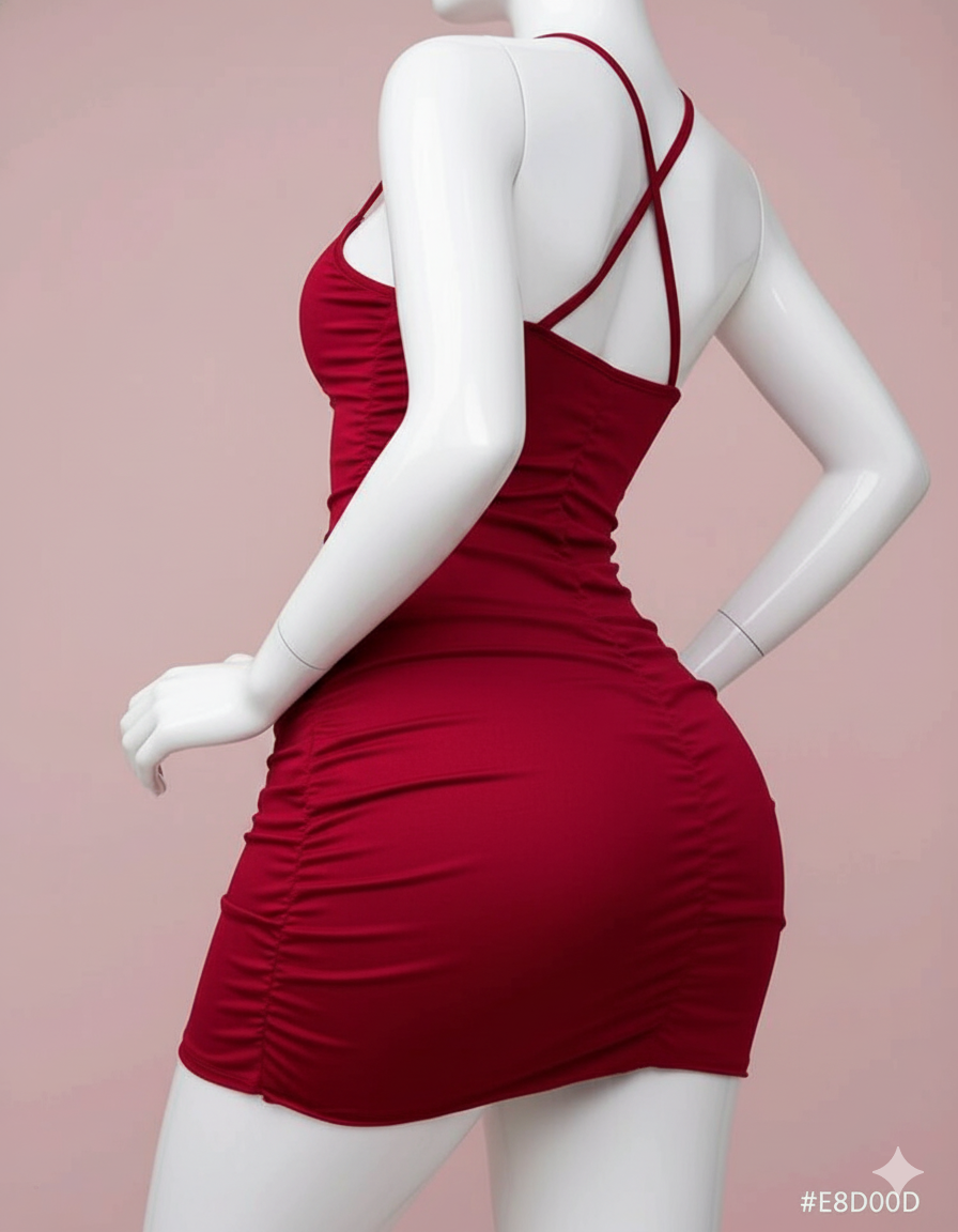 A figure-hugging mini dress designed for impactful style. Features a suggestive cutout on the front bodice adorned with a dazzling diamante ring, ruched detailing throughout, and delicate crisscross back straps.