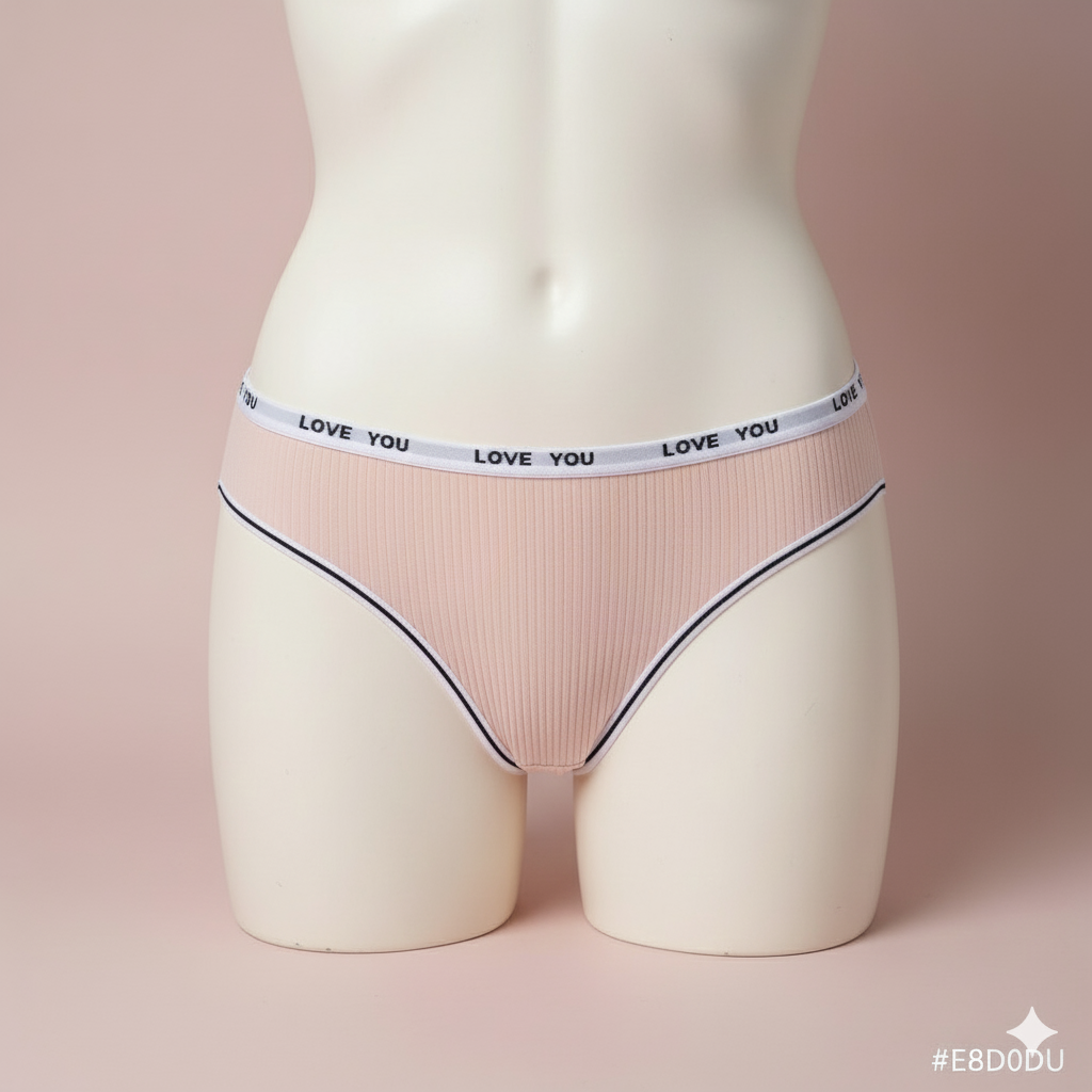 A comfortable and sporty thong panty crafted from soft ribbed knit fabric. Features an exposed elastic waistband with repetitive text (or logo) detailing, blending athletic style with feminine comfort.
