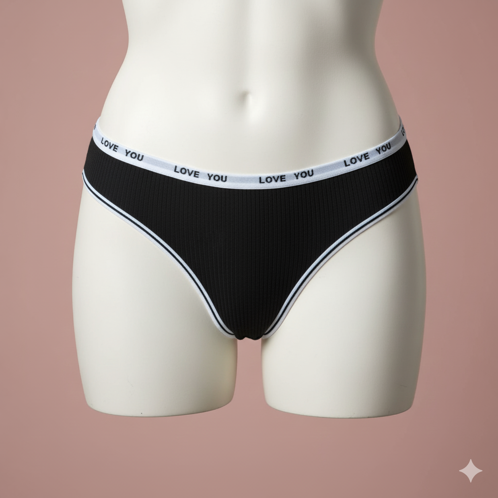A comfortable and sporty thong panty crafted from soft ribbed knit fabric. Features an exposed elastic waistband with repetitive text (or logo) detailing, blending athletic style with feminine comfort.