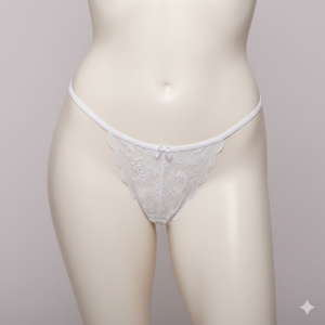 An alluring and provocative G-string panty crafted from delicate sheer floral lace. This piece features a captivating open design at the crotch and is adorned with sweet ribbon bows and thin, adjustable side straps.