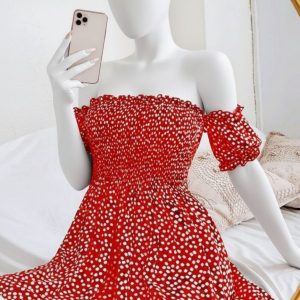Off-Shoulder Red Polka Dot Mini Dress