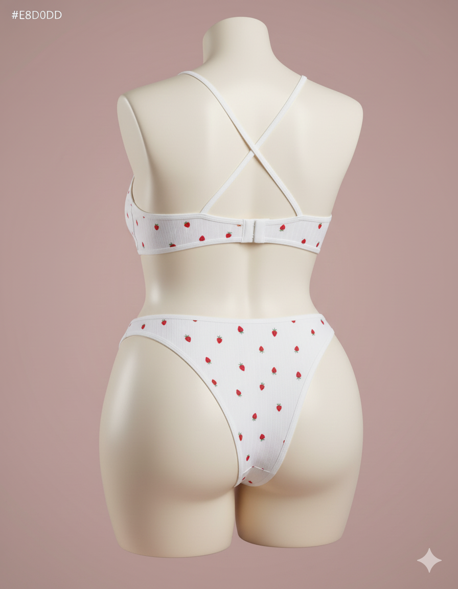 An adorable and fun two-piece lingerie set featuring a charming all-over strawberry print. Includes a comfortable bralette with appealing crisscross back straps and a perfectly matching thong panty.