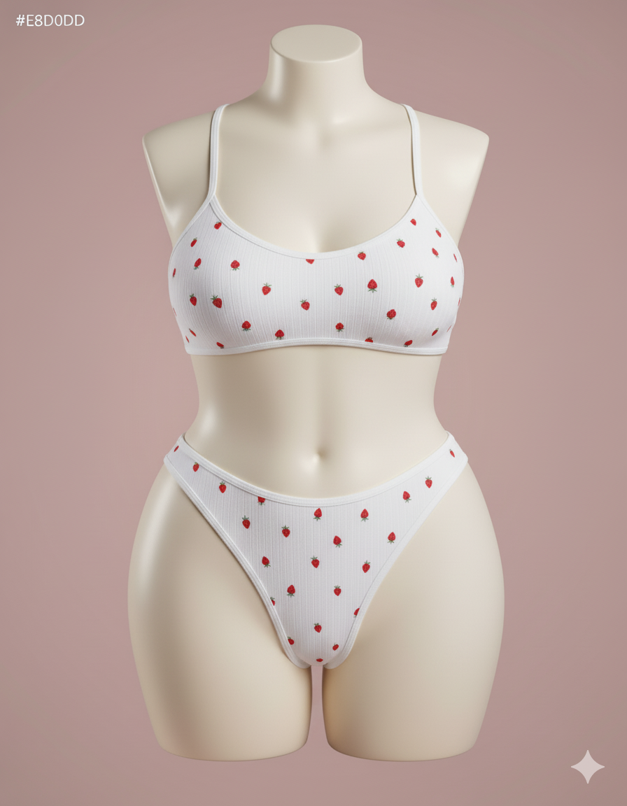 Cute Strawberry Print Bralette and Thong Set | Crisscross Back Intimates