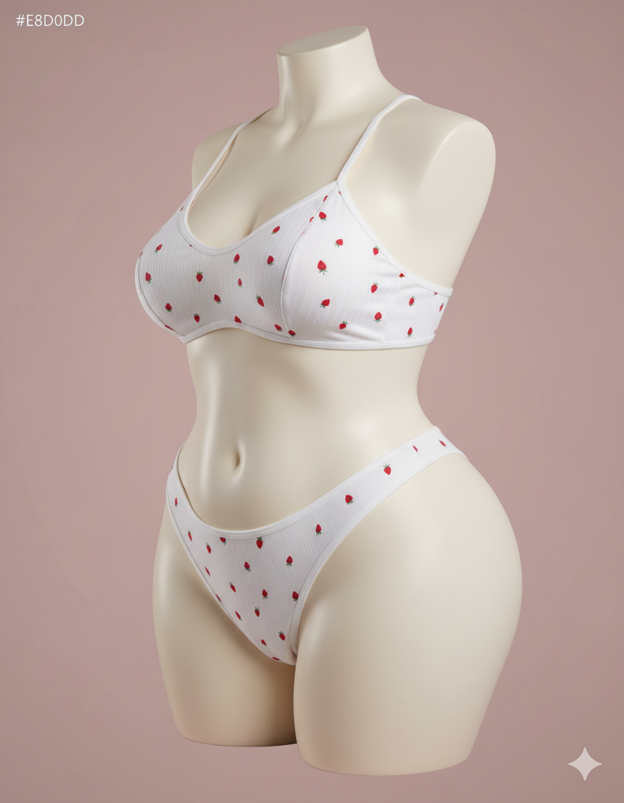 Cute Strawberry Print Bralette and Thong Set | Crisscross Back Intimates - Image 2