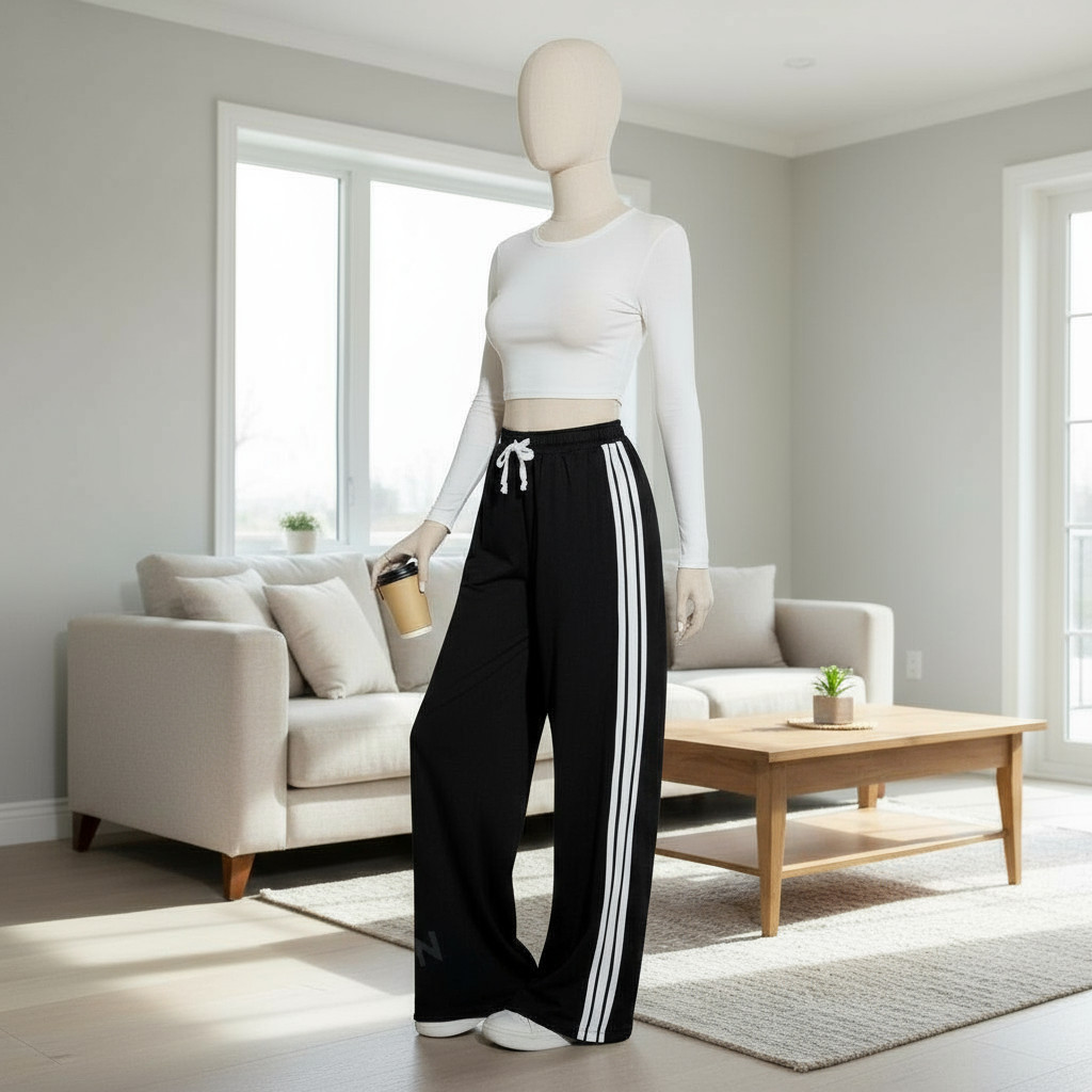 Embrace comfortable style with these modern, wide-leg track pants. Designed for a relaxed fit, they feature iconic contrast stripes down the side seams and an adjustable drawstring waist, making them perfect for athletic wear or fashionable casual lounging.