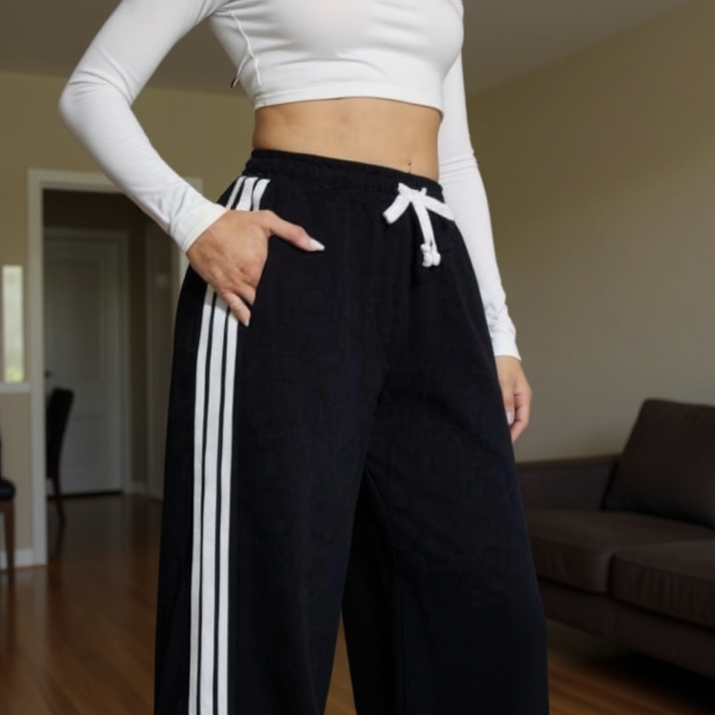 Embrace comfortable style with these modern, wide-leg track pants. Designed for a relaxed fit, they feature iconic contrast stripes down the side seams and an adjustable drawstring waist, making them perfect for athletic wear or fashionable casual lounging.