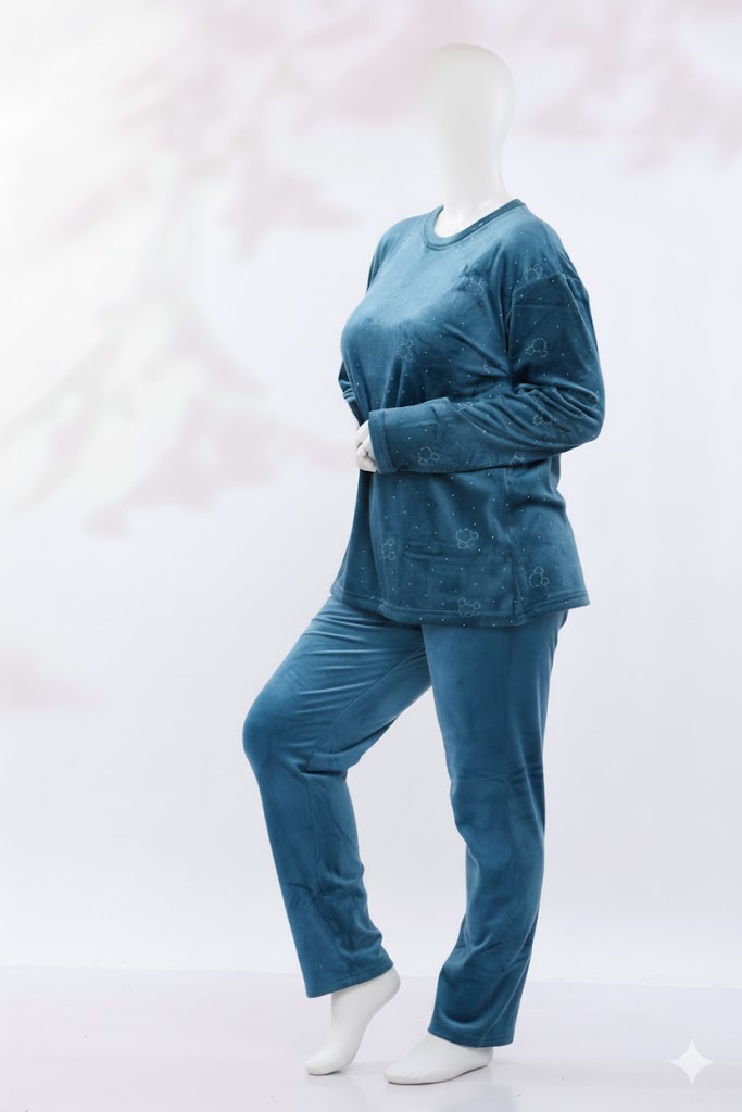 Embrace cozy comfort in this two-piece loungewear set designed for plus sizes. Made from premium imported double-sided velvet, this set features a plush, long-sleeve top and matching full-length pants, offering supreme softness and a comfortable fit for relaxing at home.