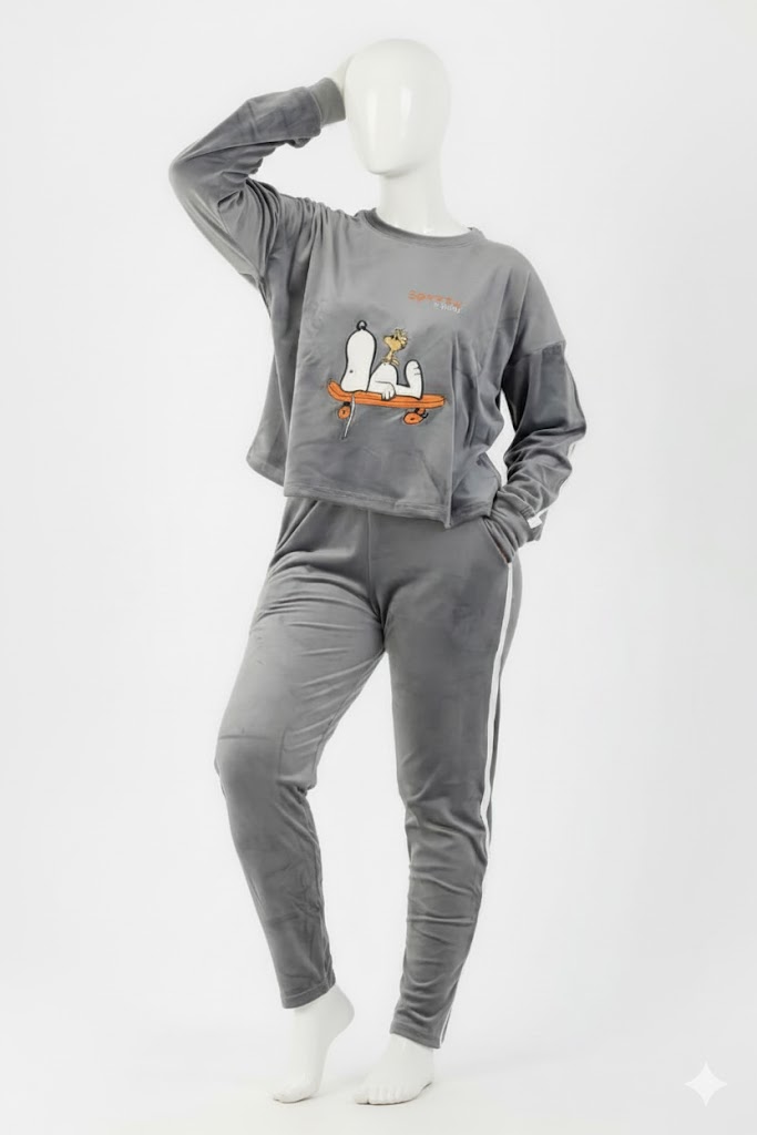 Upgrade your casual wear with this exceptionally soft two-piece set crafted from luxurious Heidi velvet. This comfortable, tracksuit-inspired pajama features a long-sleeve top with a fun graphic, matching pants with sporty side stripes, and a cozy fit ideal for relaxing.