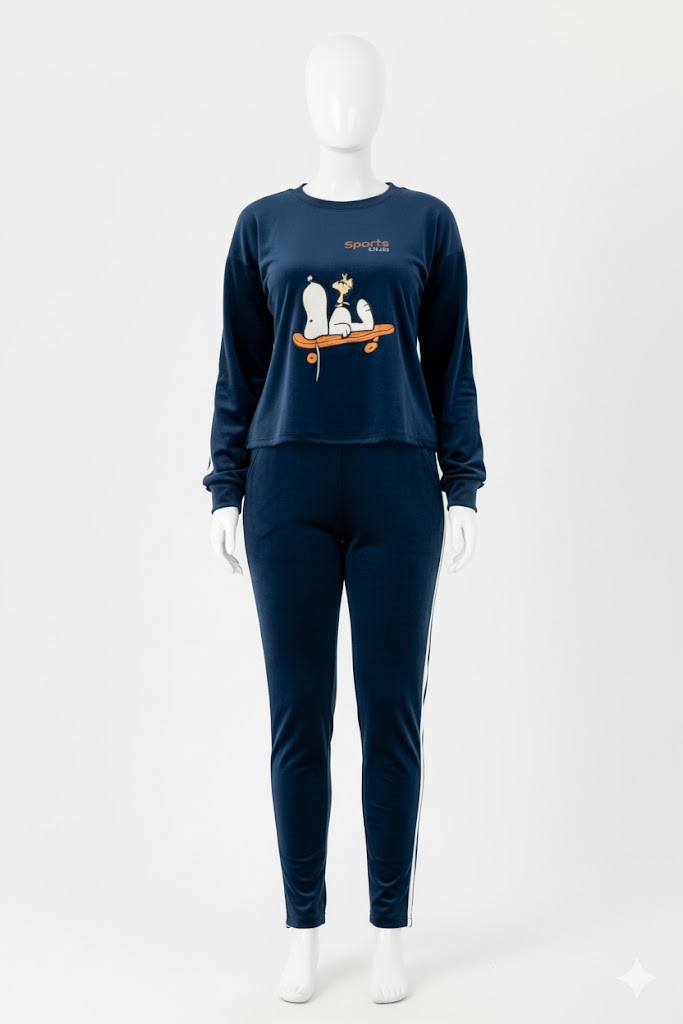 Upgrade your casual wear with this exceptionally soft two-piece set crafted from luxurious Heidi velvet. This comfortable, tracksuit-inspired pajama features a long-sleeve top with a fun graphic, matching pants with sporty side stripes, and a cozy fit ideal for relaxing.
